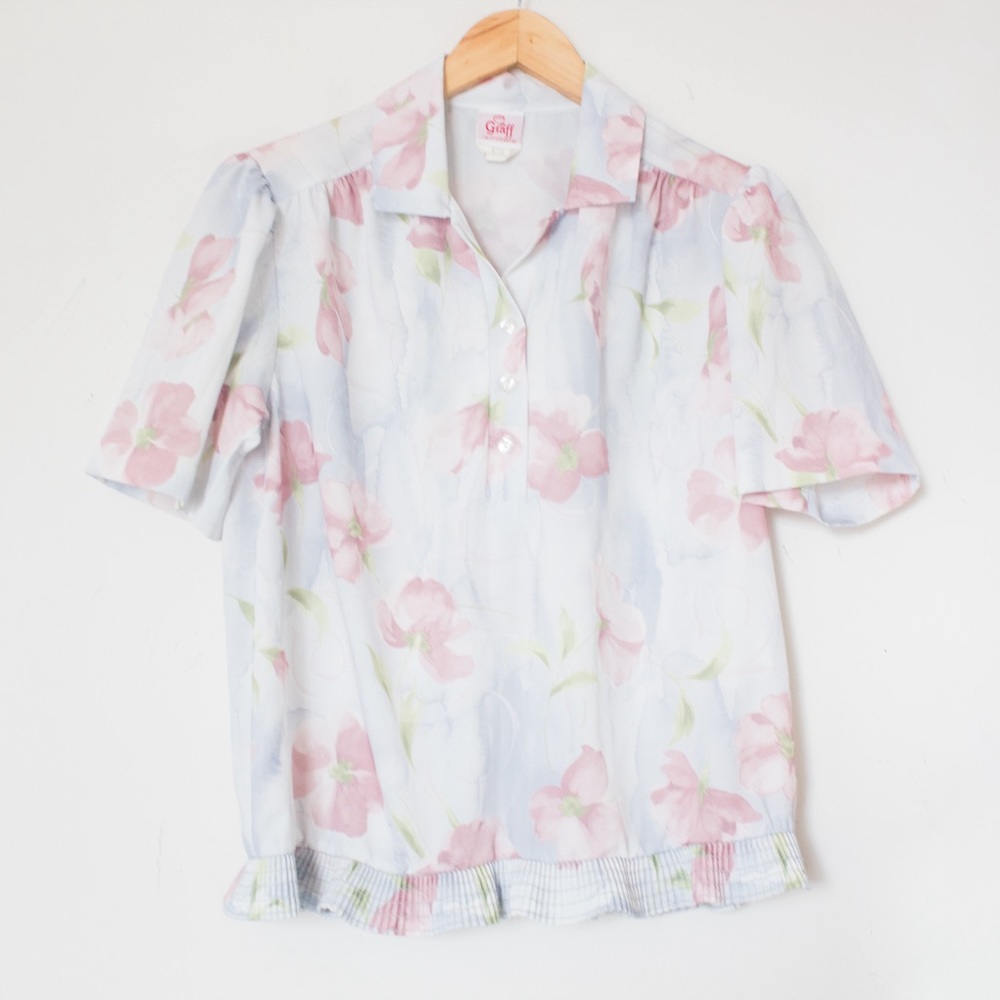 Graff Californiawear | Vintage 70's Floral Cottage Short Sleeve Blouse | Size 8